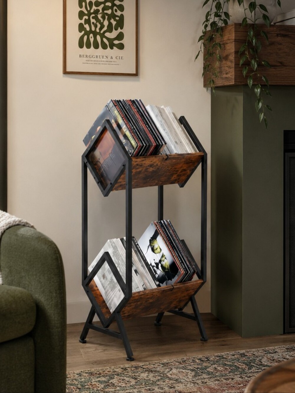2-Tier Vinyl Record Storage Stand LP Album Organizer Rack Rustic Wood Black Meta